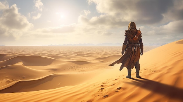 The traveler stands and contemplates the sandy desert Generative ai