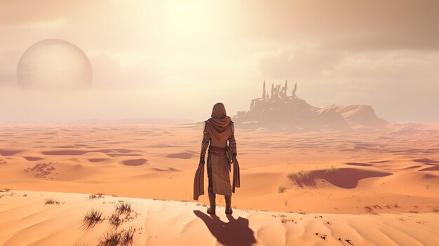 The traveler stands and contemplates the sandy desert Generative ai