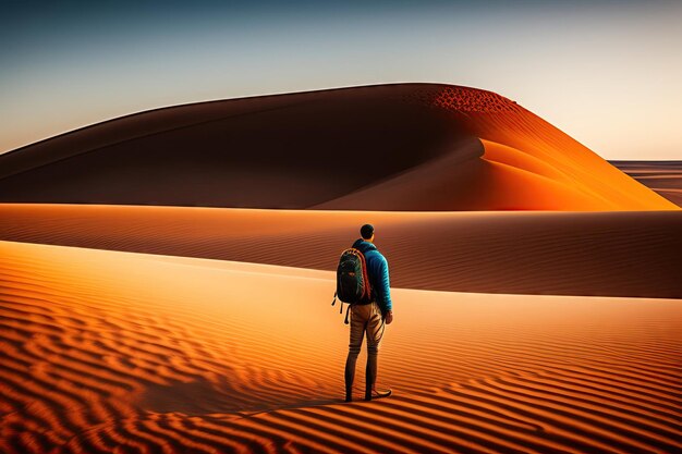 The traveler stands and contemplates the sandy desert