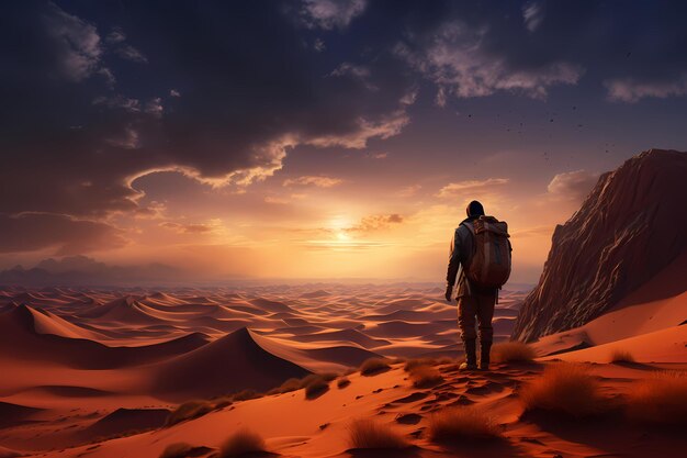 The traveler stands and contemplates the sandy desert