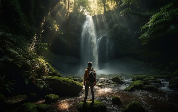 Traveler stands in front of the waterfall Generative AI