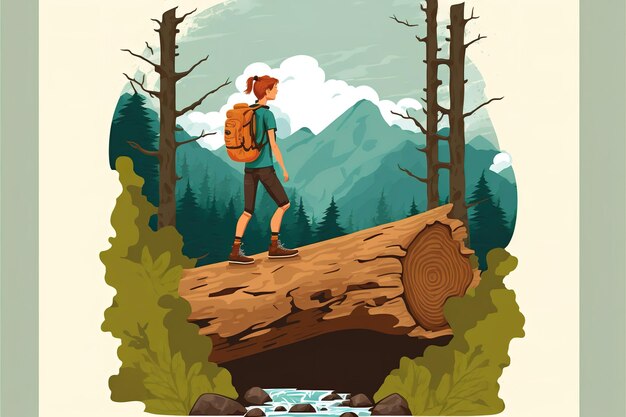 A traveler stands on a log in the forest