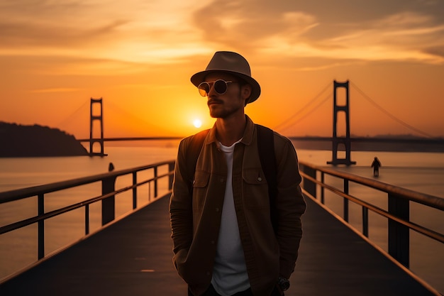 Traveler Stands on Pier near Bridge