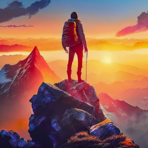 The traveler stands on the top of the mountain and looks at the sunrise Generative AI