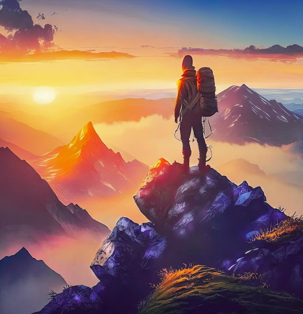 The traveler stands on the top of the mountain and looks at the sunrise generative ai