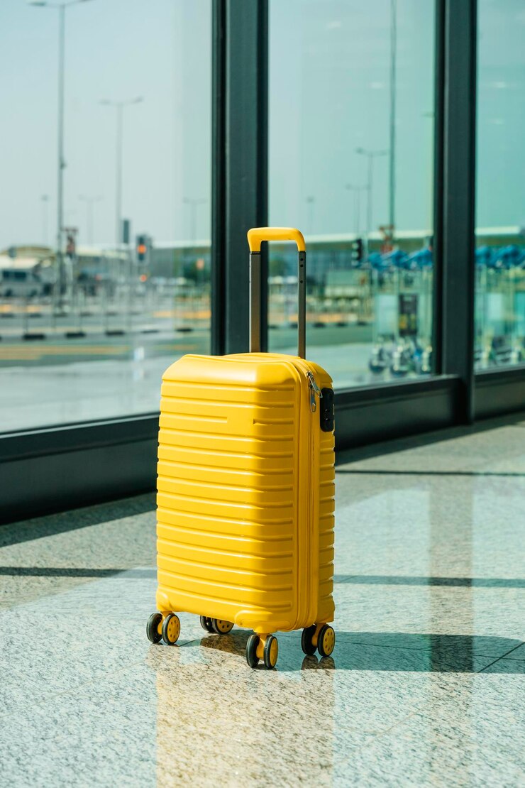Traveler suitcase at the airport before departure Travel vacation tourism flights concept Selected focus