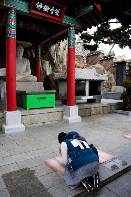 Traveler thai women travel visit and respect praying blessing wish holy mystery ancient stone buddha in Haedong Yonggungsa temple at Gijang on February 18 2023 in Busan or Pusan or Pusan South Korea