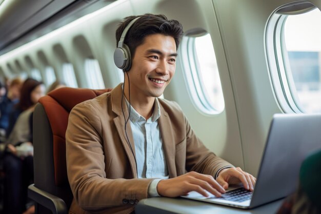 Traveler using laptop on a longhaul flight