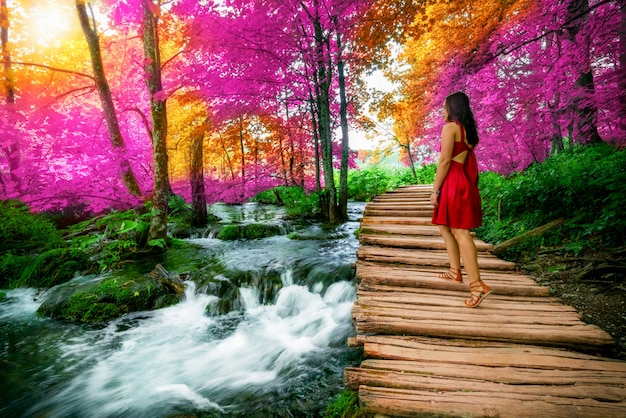 Traveler walk on path in Plitvice Lakes, Croatia.