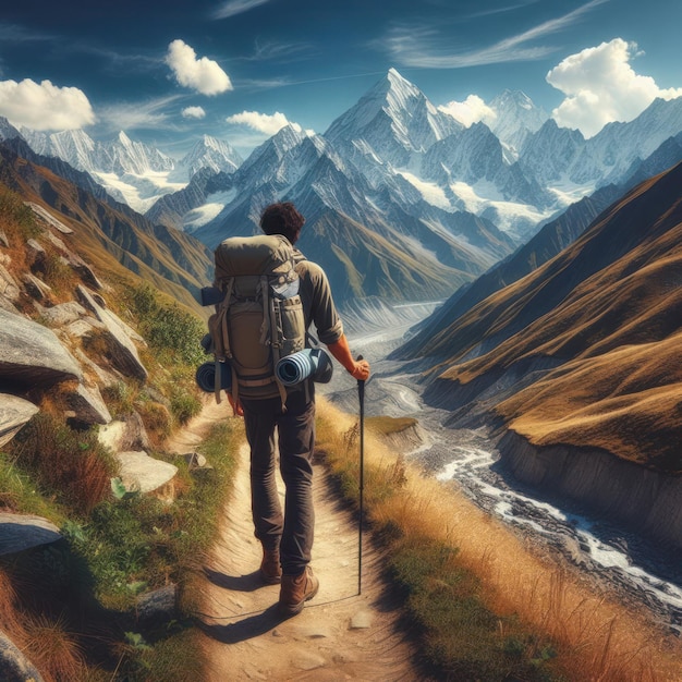 A traveler walking along a path among the mountains