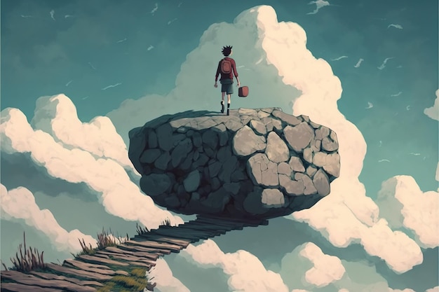 A traveler walks on a rock that floats in the sky digital art style illustration painting fantasy concept of a traveler on a rock