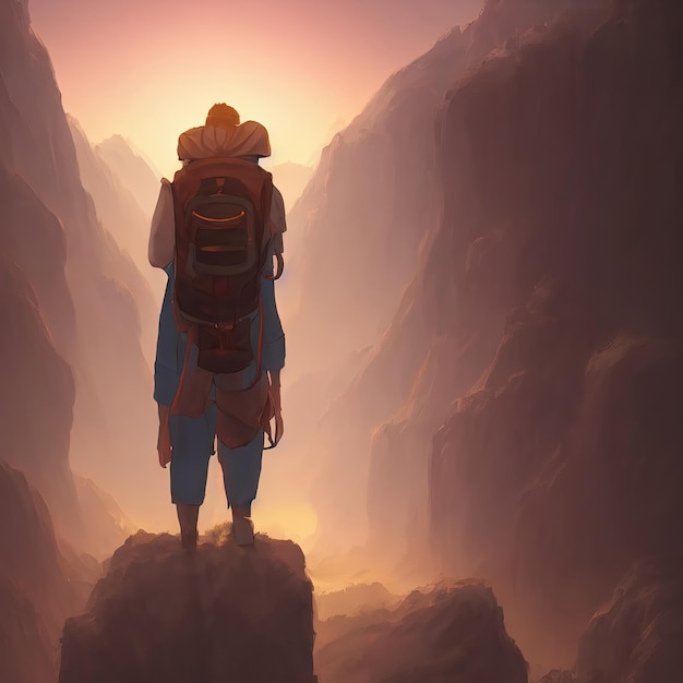 Traveler wanderer with a backpack on his back a man goes through the mountains to meet adventures 3d illustration