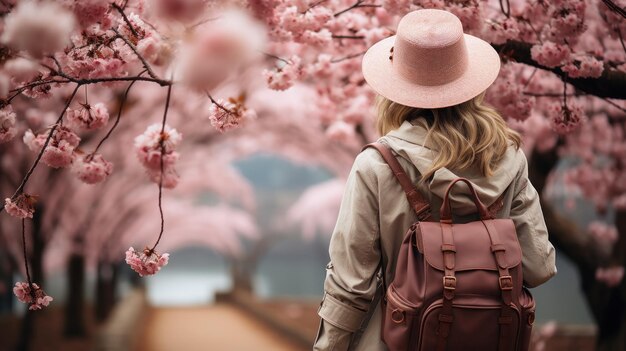 Photo a traveler wandering around enjoying the beauty of flowers blooming in spring