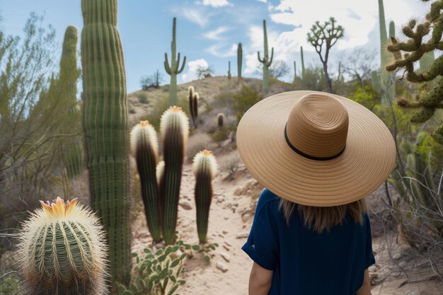 Photo traveler in widebrimmed hat observing cacti on a desert trail