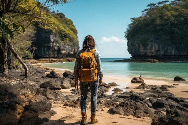 Foto viaggiatore con zaino su un sentiero roccioso sulla spiaggia immagine naturale della stagione estiva