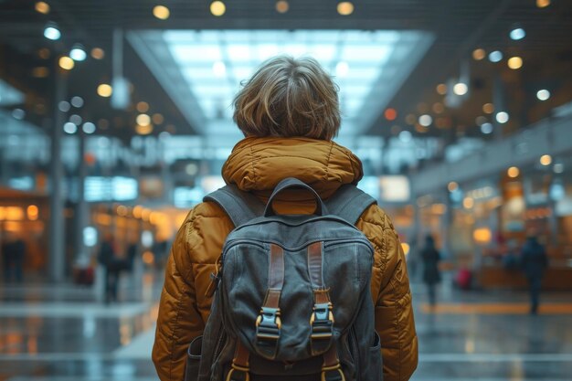 Путешественник с рюкзаком в современном терминале аэропорта