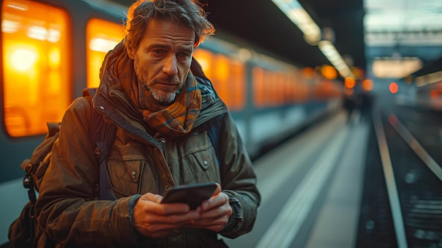 Photo traveler with backpack on the platform of the railway station