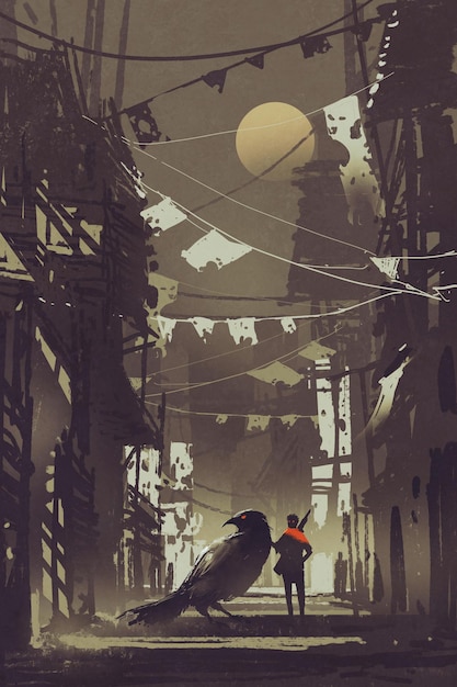Photo the traveler with his crow in abandoned city at night,illustration painting