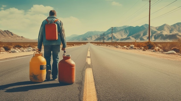 Foto viaggiatore con i bagagli sulla strada al tramonto