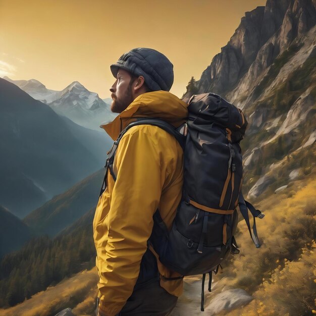 Traveler with mountain backpack mat and headlamp on yellow backdrop