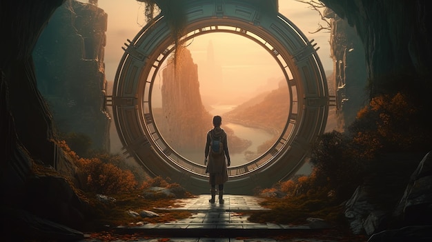 Traveler with portal digital art illustration Generative AI