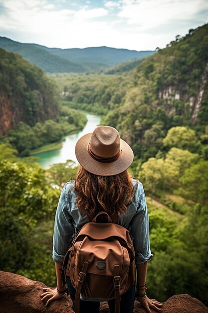 汚染されていない自然を眺める旅人女性