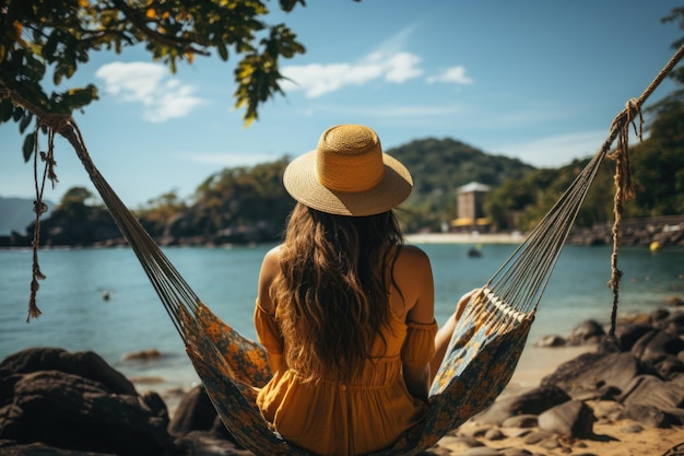 Traveler woman relax in hammock on summer beach Thailand no face shown