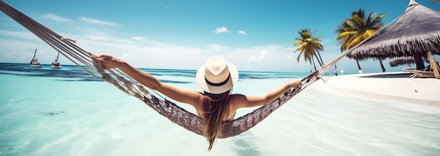 Traveler woman relax in hammock on a tropical beach ai generative illustration