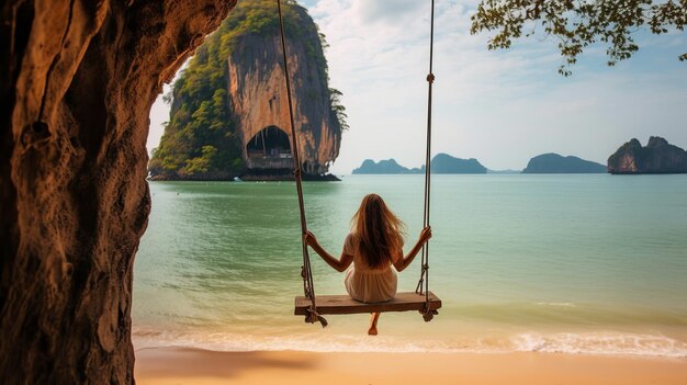 Traveler woman relaxing on swing above Andaman sea Railay beach Krabi Leisure tourist travel Phuket Thailand