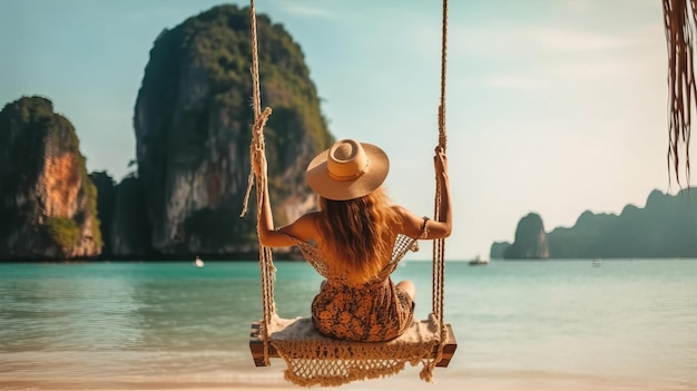 Traveler woman relaxing on swing above Andaman sea Railay beach Krabi Leisure tourist travel Phuket Thailand