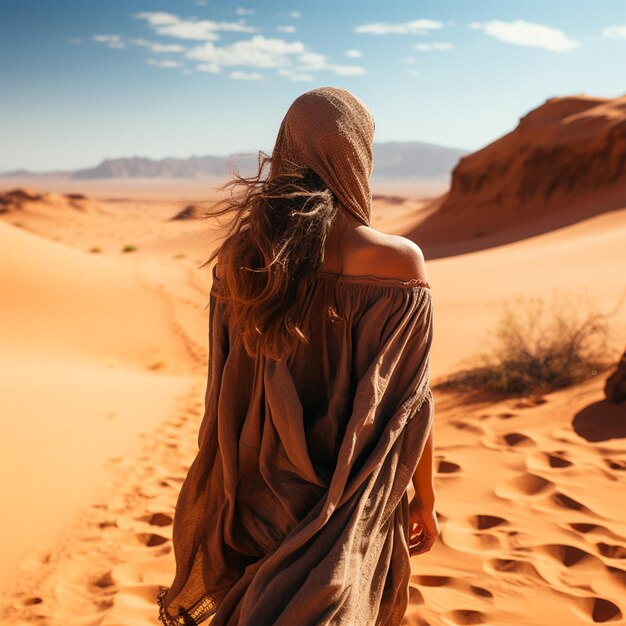 Traveler woman seen from behind walking through the desert sand overlooking the dunes on a sunny day