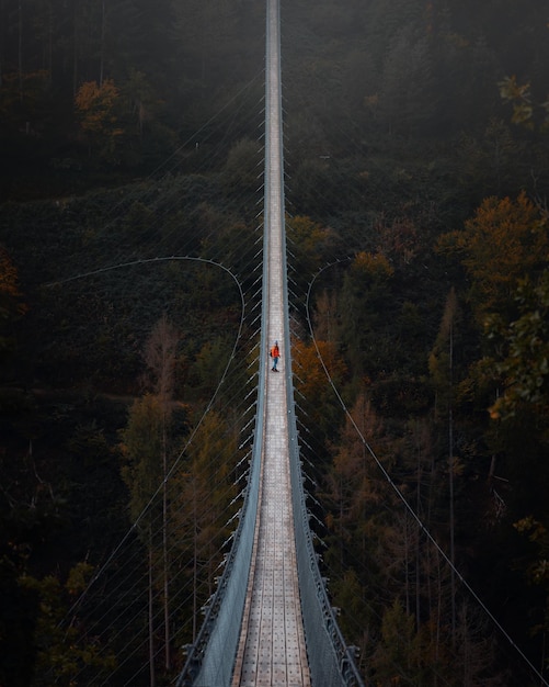 Foto la donna viaggiatrice cammina su un ponte sospeso circondata da una foresta autunnale e piena di mistero in