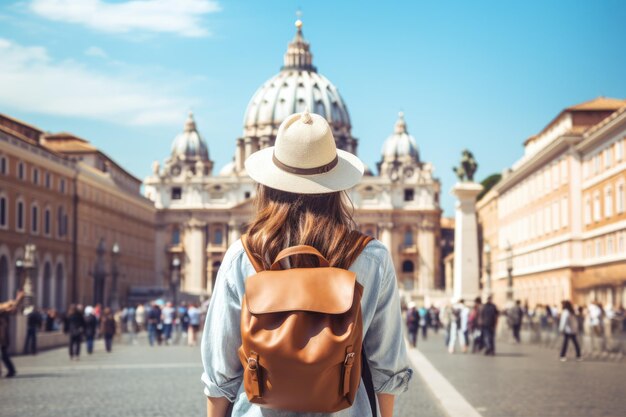 Foto donna viaggiatrice che indossa cappello e zaino in piedi presso la cattedrale vaticano a roma italia viaggi turismo estivo in vacanza