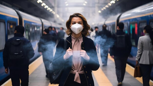 Photo traveler woman wearing kn95 ffp2 face mask at train station to protect from virus and smog