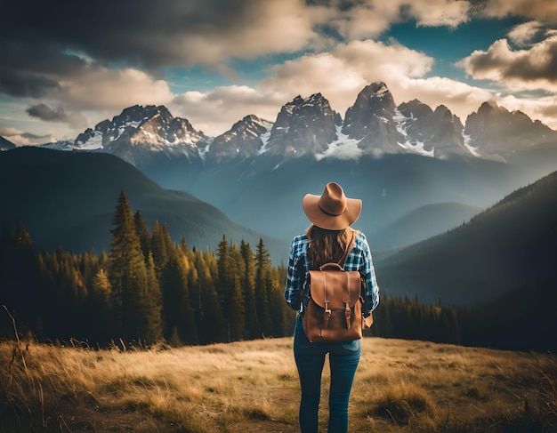 traveler woman with backpack holding hat