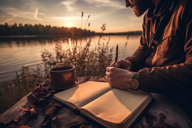 Photo traveler writing in his journal in front of the lake at sunset