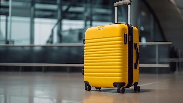 Traveler yellow suitcase at the airport before departure world tourism day concept Generative AI