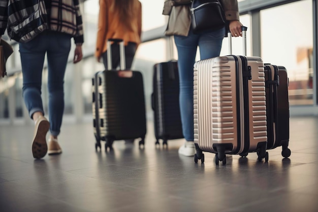 Travelers on airport walking with cases created with generative AI