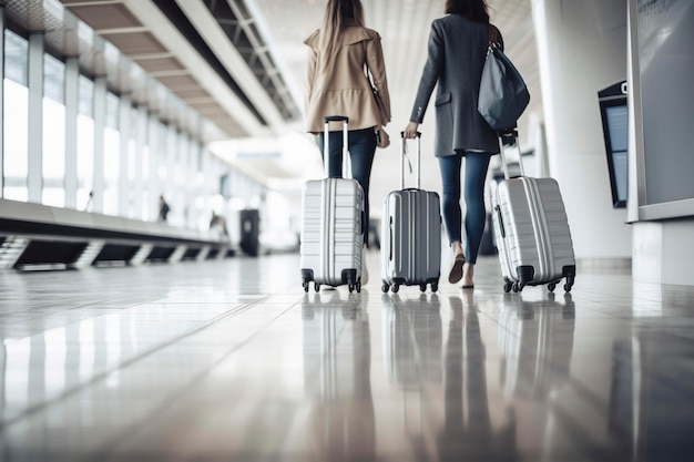 Travelers on airport walking with cases created with generative AI