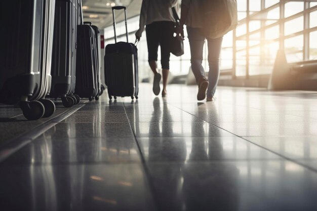 Travelers on airport walking with cases created with generative AI