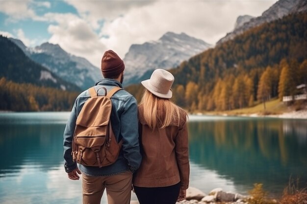 Travelers couple look at the mountain lake