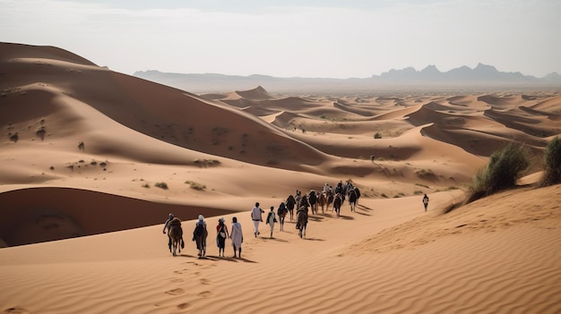 Travelers in the desert against the backdrop of dunes tents and sunset AI generated