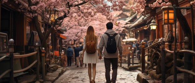 Travelers enjoying cherry blossoms in Japan