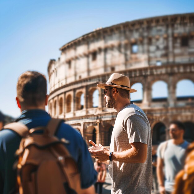 Travelers group of people in front of coliseum in Rome