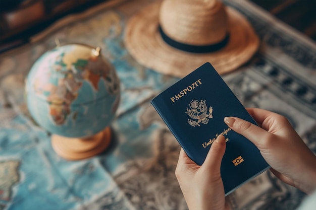Travelers hand holding passport with globeeuros currency and hat