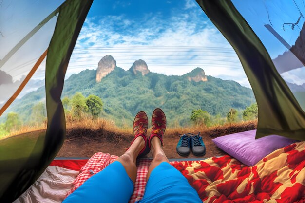 Travelers legs in a tent against the backdrop of a landscape Neural network AI generated