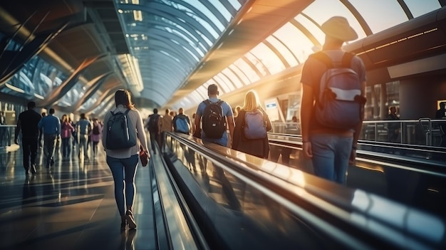 Photo travelers on a moving walkway at an airport