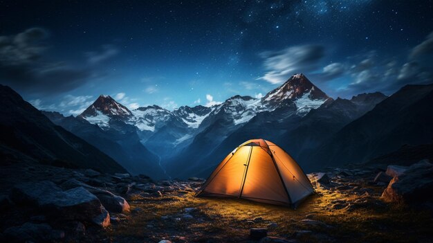 Photo travelers set up camp in the highlands with tents at the front