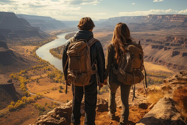 Foto viaggiatori che ammirano la vista mozzafiato della montagna generata con l'ia