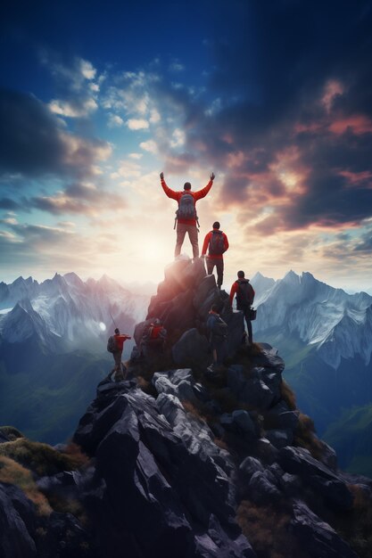 Photo travelers on top of the mountain 3d render